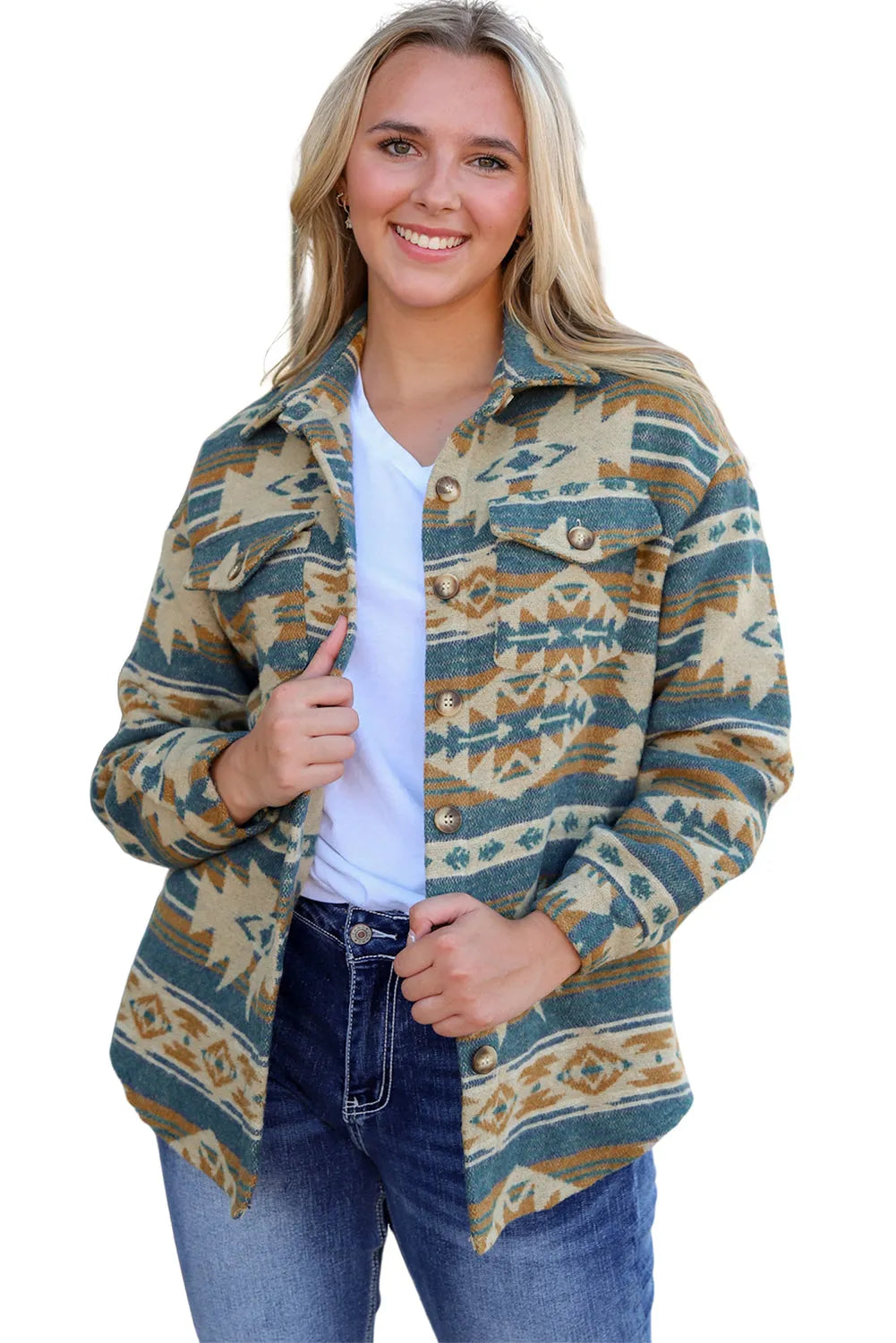 Blue Western Aztec Print Button Flap Pocket Shacket - Chic Meadow Boutique 