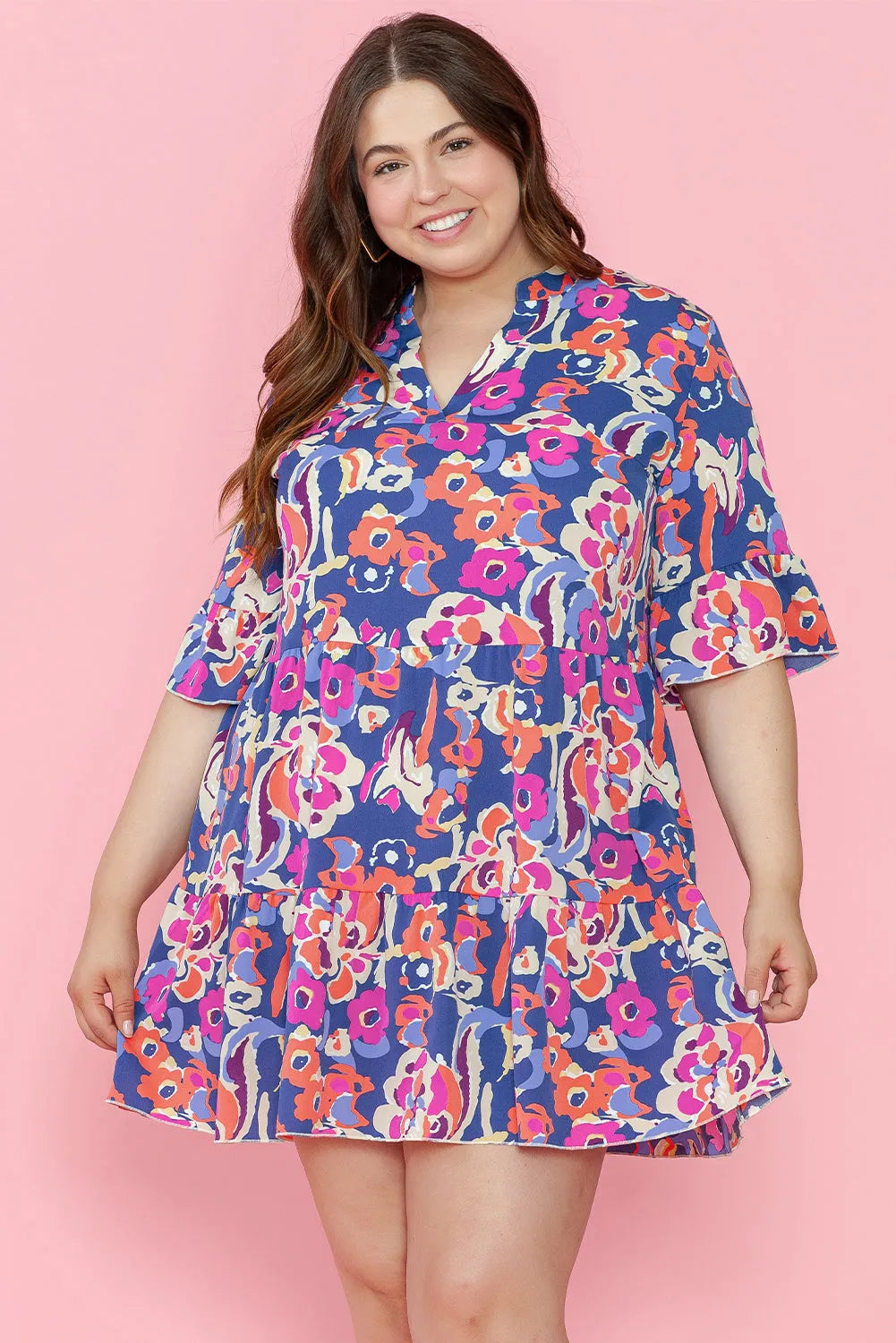 Blue Plus Size Floral Print Ruffled 3/4 Sleeve Mini Dress - Chic Meadow Boutique 