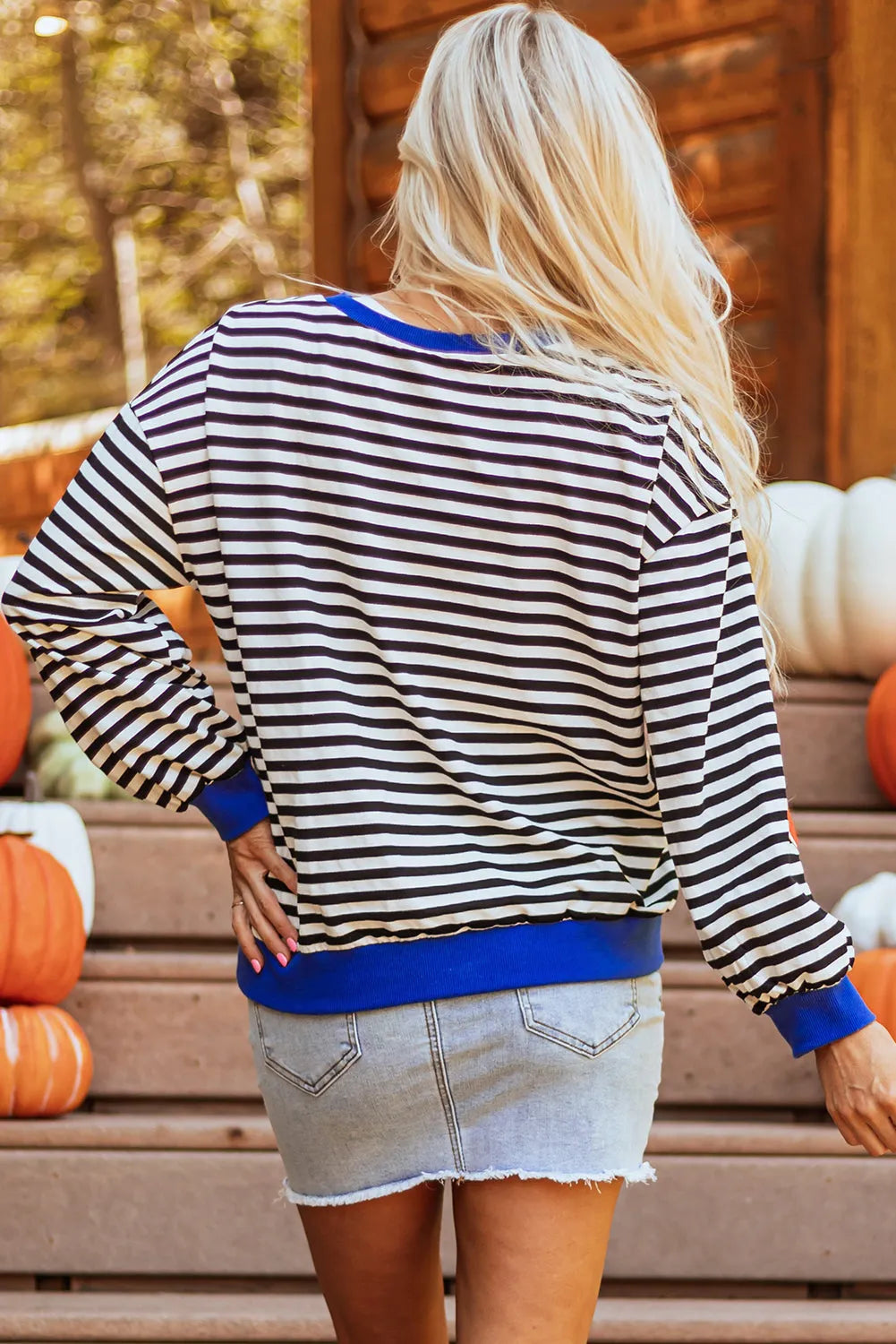 Black Stripe Glitter Halloween Pumpkin Print Oversized Sweatshirt - Chic Meadow Boutique 