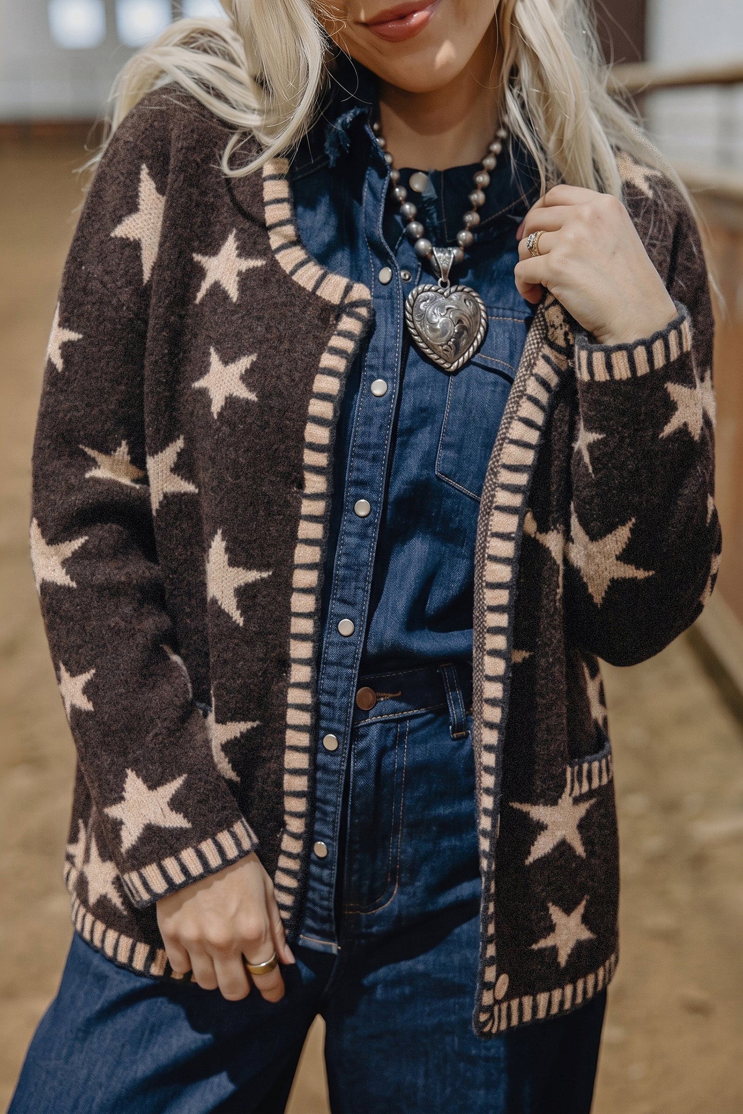 Brown Stars Pattern Colorblock Long Sleeve Shift Cardigan