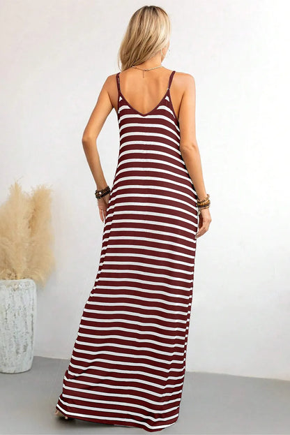 Red Stripe Side Pockets Spaghetti Straps Maxi Dress - Chic Meadow Boutique 