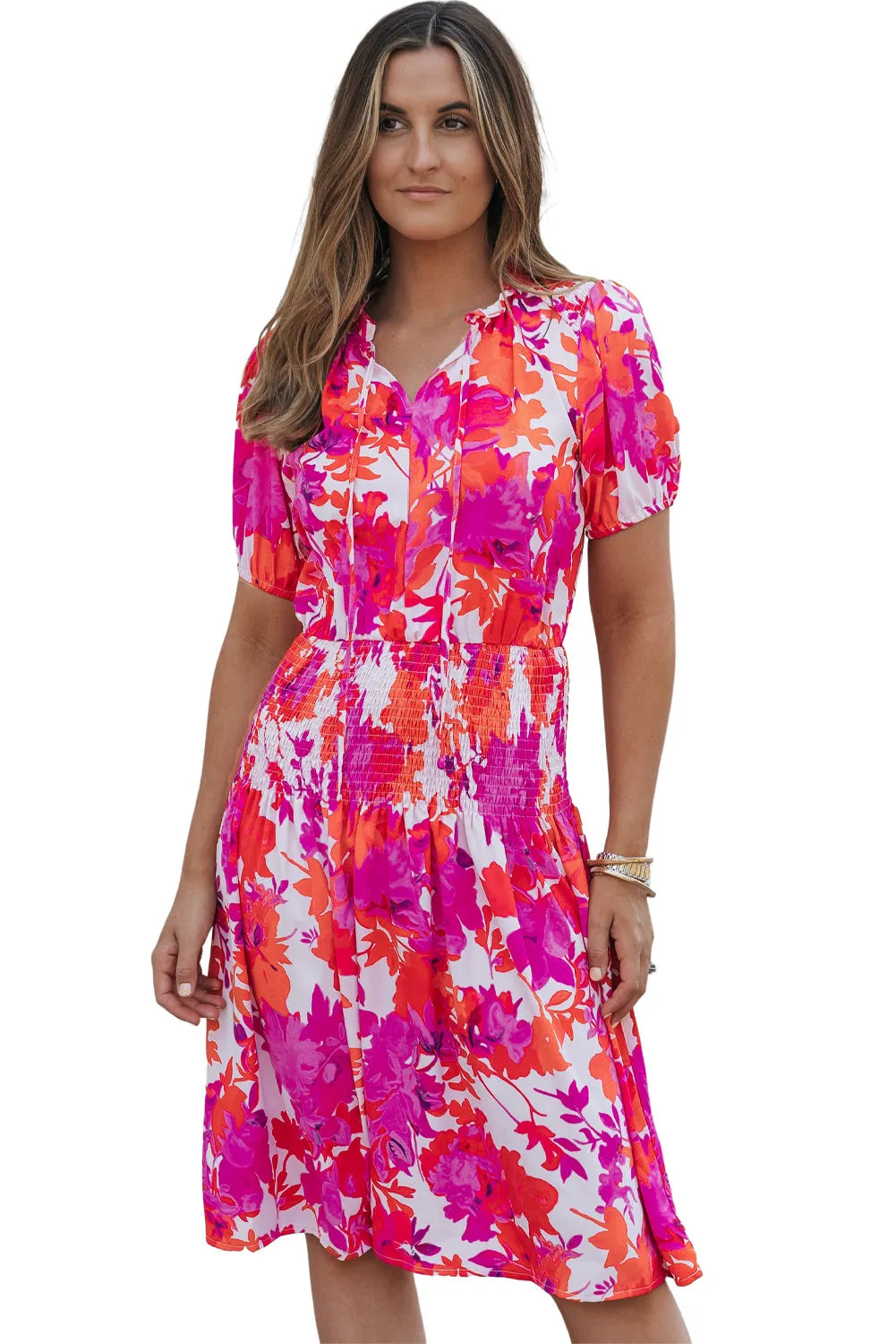 Rose Floral Smocked Waist Bubble Sleeve Flare Dress - Chic Meadow Boutique 