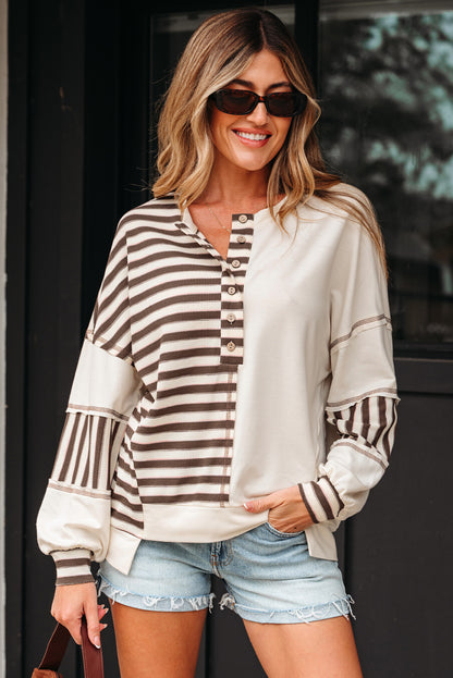 Khaki Stripe Stitched Detail Color Block Patchwork Oversized Pullover Top