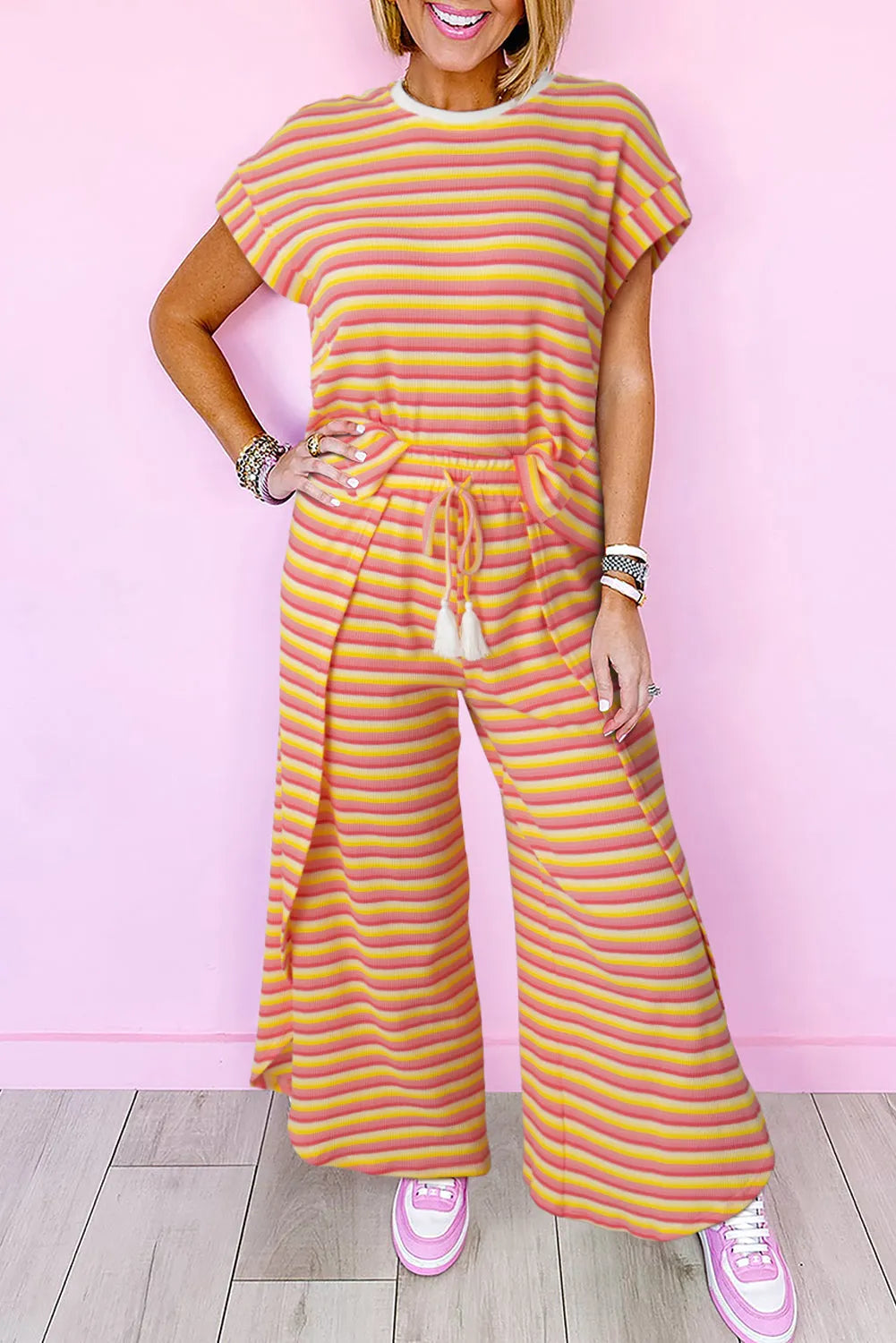 Yellow Stripe Rainbow Tee Tasseled String Wide Leg Pants Set - Chic Meadow Boutique 