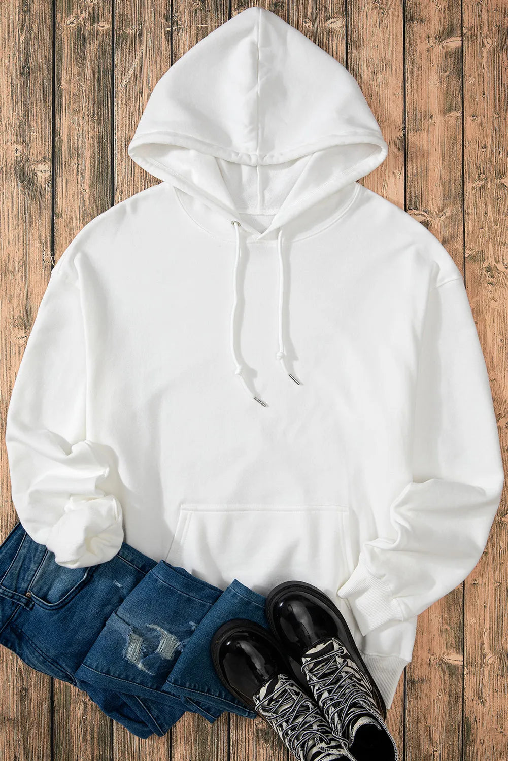 White Fleece Lined Kangaroo Pocket Drawstring Chunky Hoodie - Chic Meadow Boutique 