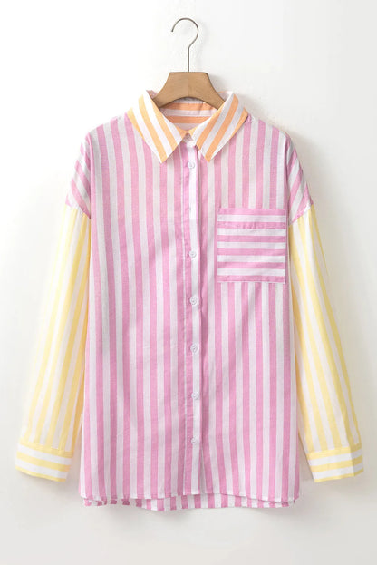 Pink Stripe Contrast Collar Long Sleeve Patchwork Shirt - Chic Meadow Boutique 