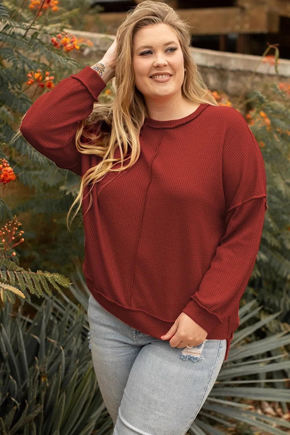 Plus Size/Plus Size Tops/Plus Size Long Sleeve Tops Gold Flame / 1X / 100%Polyester Gold Flame Exposed Seam Detail Waffle Knit Plus Size Top