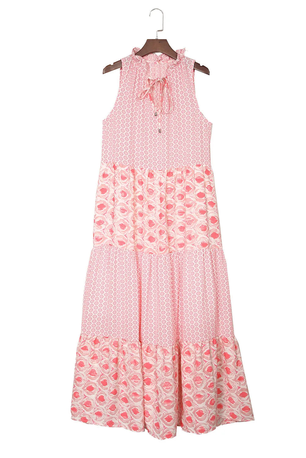 Pink Abstract Print Split Neck Sleeveless Maxi Dress - Chic Meadow Boutique 