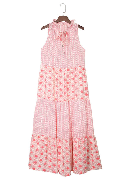 Pink Abstract Print Split Neck Sleeveless Maxi Dress - Chic Meadow Boutique 