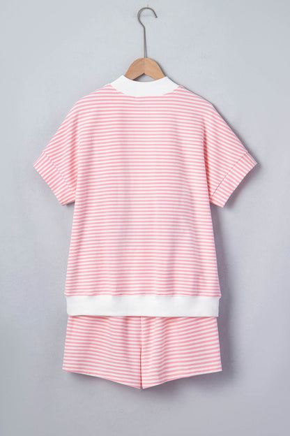 Pink Stripe Contrast Trim High Neck Short Sleeve LAKE WEEKEND 2pcs Short Set