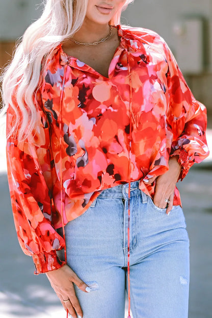 Fiery Red Floral Print Split Neck Tassel Tie Blouse - Chic Meadow Boutique 