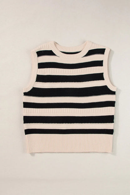 Black Stripe Ribbed Trim Knitted Sweater Vest - Chic Meadow Boutique 