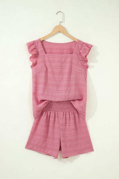 Peach Blossom Textured Square Neck Top and Shirred High Waist Shorts Set