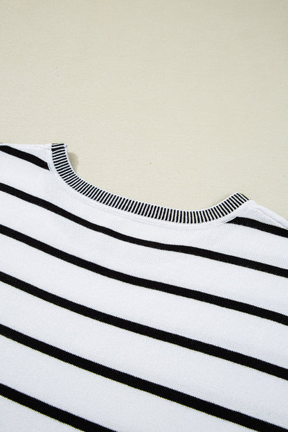 White Stripe Knitted Bat Sleeve T Shirt