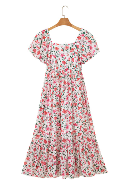Pink Floral Puff Sleeve Square Neck Empire Waist Tiered Maxi Dress