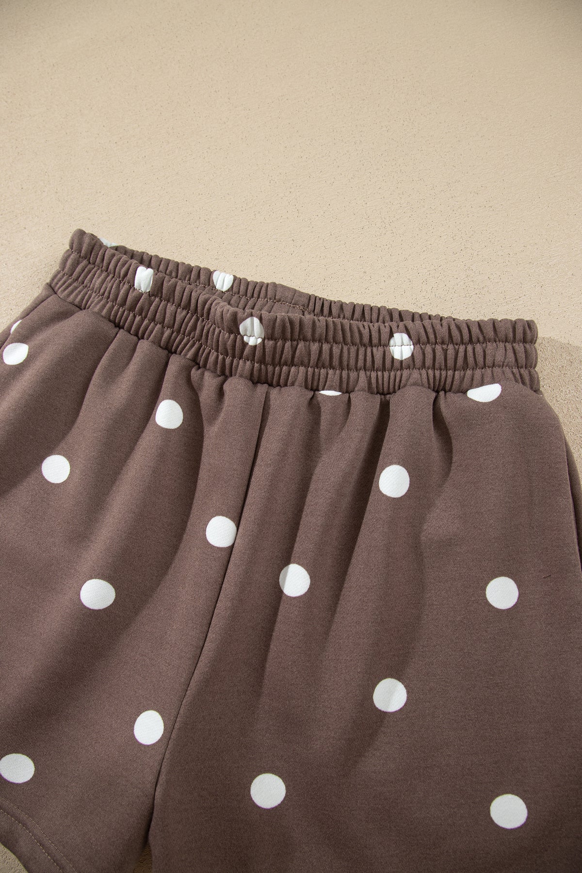 Brown Polka Dot Ribbed Trim Long Sleeve Top Casual Short Set