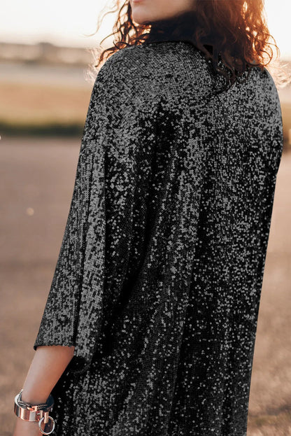 Black Sequin 3/4 Sleeve Open Front Duster Kimono - Chic Meadow Boutique 