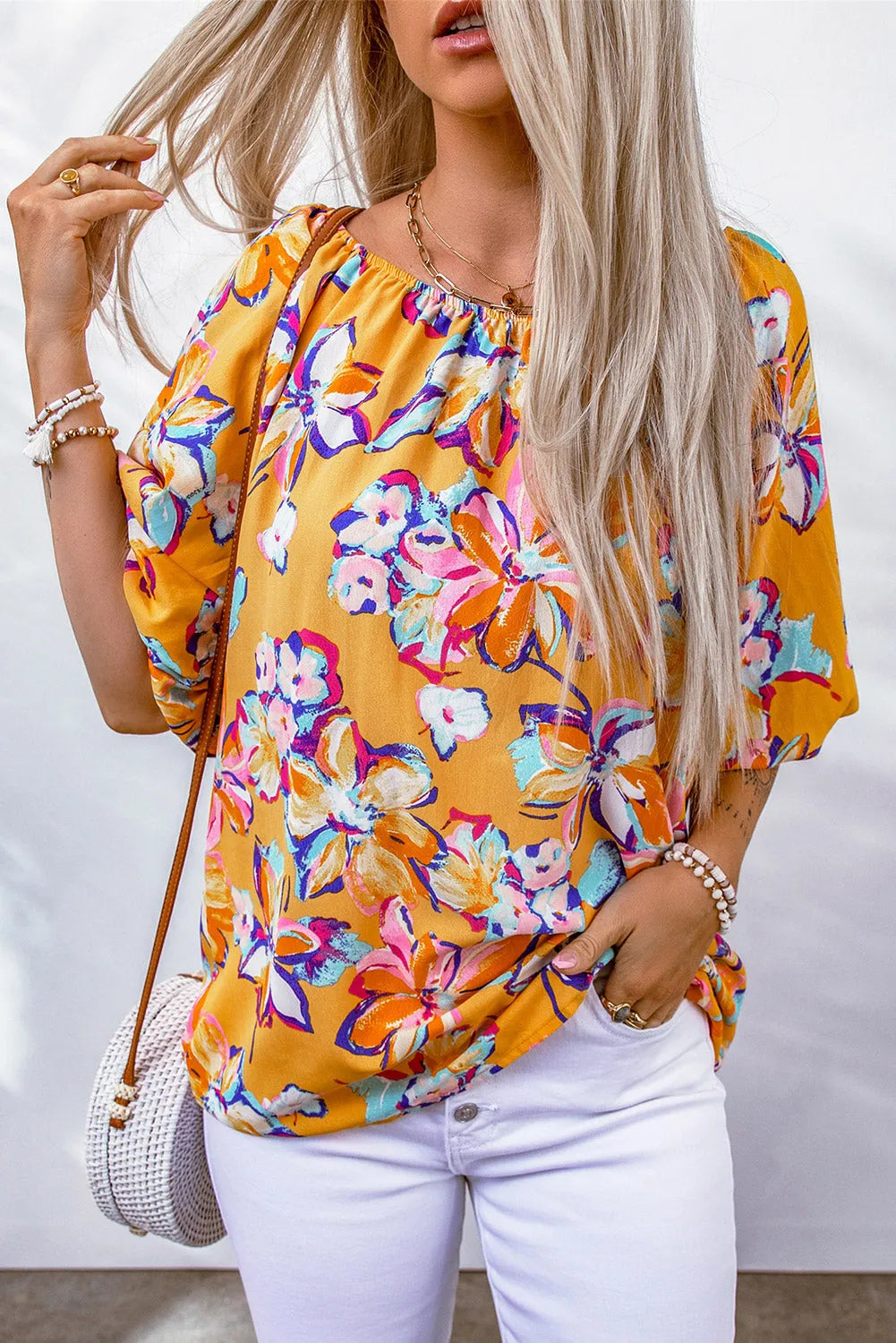 Yellow Floral Print Elastic Neckline Blouse - Chic Meadow Boutique 