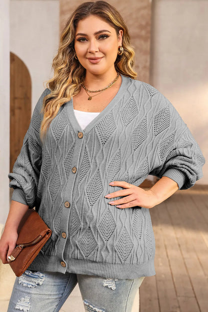 Gray Plus Size Knitted Hollow out Button up Cardigan - Chic Meadow Boutique 