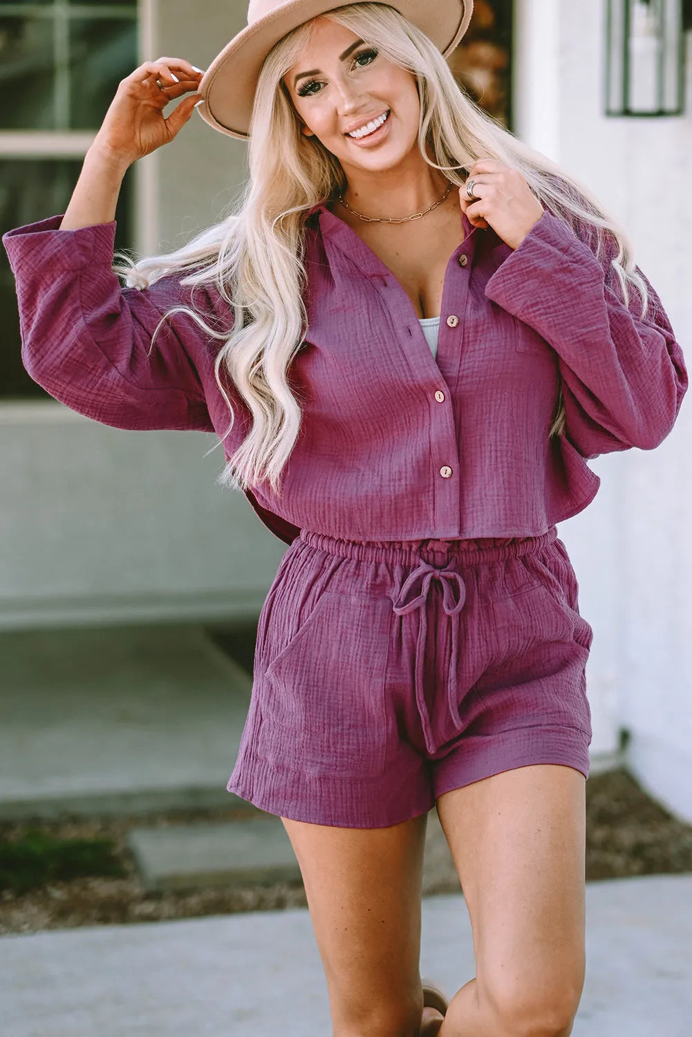 Textured Dolman Sleeve Cropped Shirt and Shorts Set - Chic Meadow Boutique 