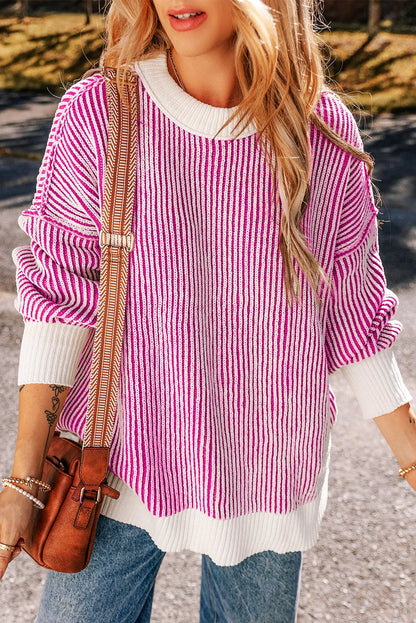 Bright Pink Striped Textured Knit Contrast Edge Loose Sweater - Chic Meadow Boutique 