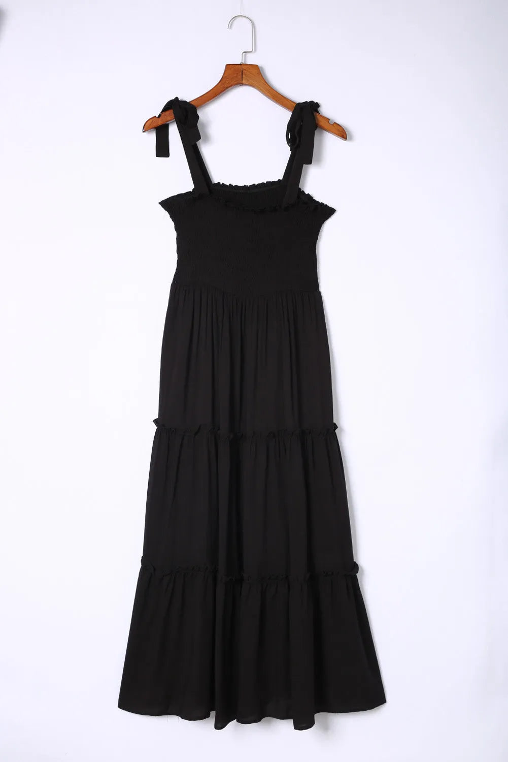 Black Tie Strap Smocked Frill Tiered Midi Dress - Chic Meadow Boutique 