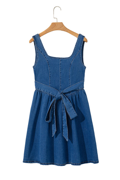 Sail Blue Square Neck Bowknot A-line Sleeveless Denim Dress