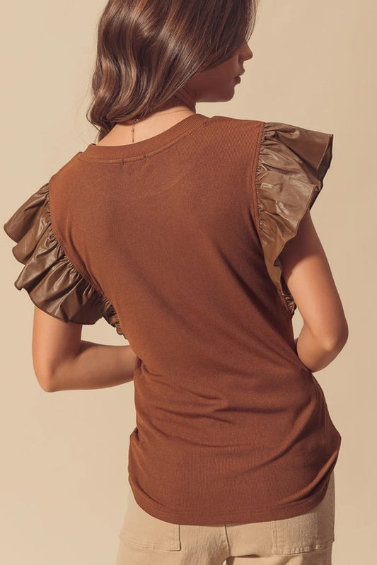 Cinnamon Leather Ruffle Sleeve Patchwork Round Neck Blouse