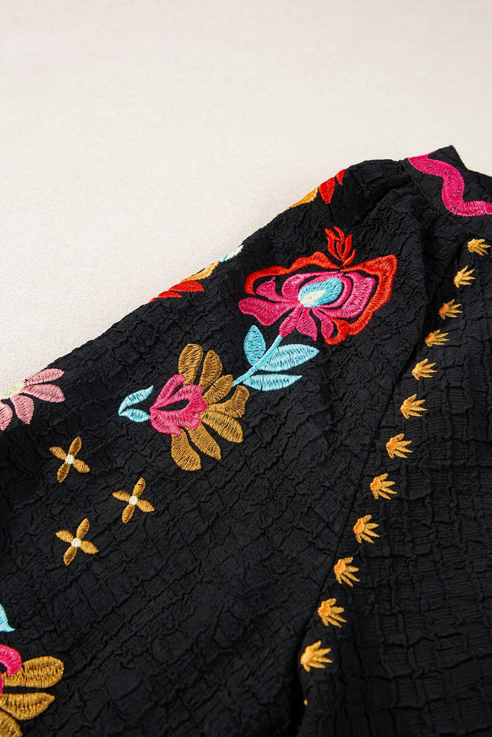 Black Floral Embroidered Ricrac Puff Sleeve Textured Blouse - Chic Meadow Boutique 