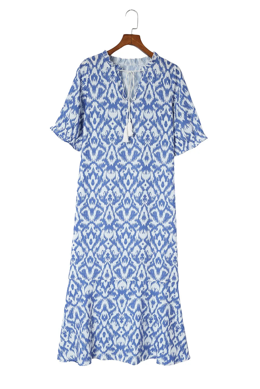 Sky Blue V Neck Casual Geometric Print Maxi Dress - Chic Meadow Boutique 