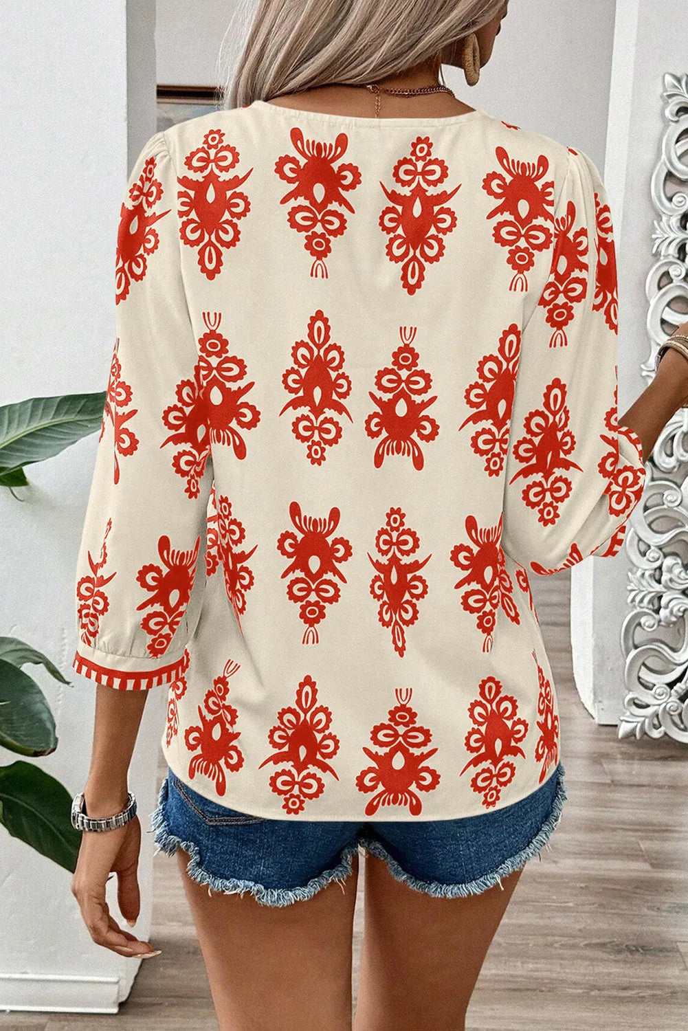 Orange Vintage Geometric Printed 3/4 Sleeve V Neck Blouse - Chic Meadow Boutique 