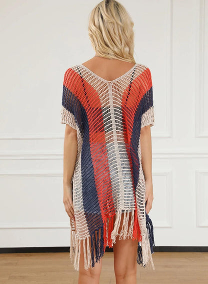 Swimwear/Beach Cover-ups Multicolor Striped Tassel Crochet V Neck Beach Cover Up