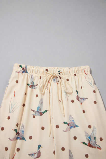 Beige Polka Dot Mallard Print Crewneck Pullover Two Piece Pants Set