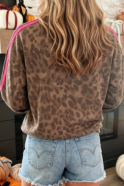 Brown Leopard Print Striped Detail Relaxed Pullover Sweatshirt