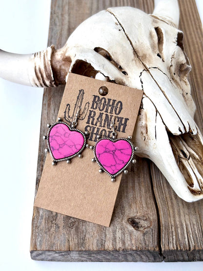 Western Marble Stone Heart Dangle Earrings