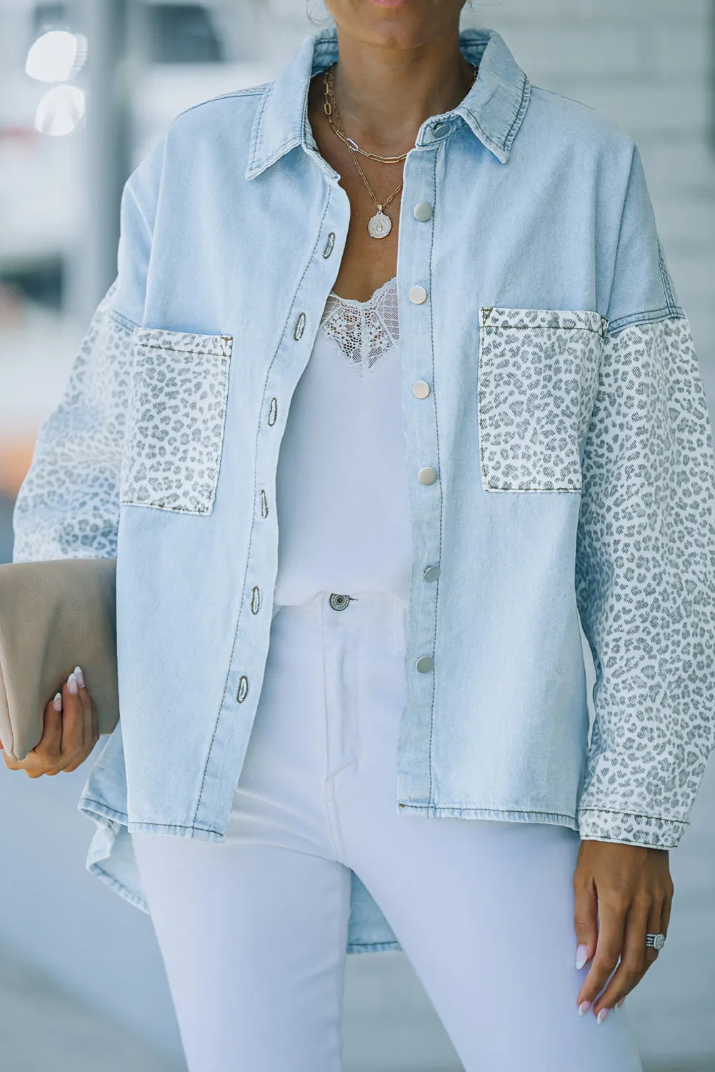 Sky Blue Contrast Leopard Denim Jacket - Chic Meadow Boutique 