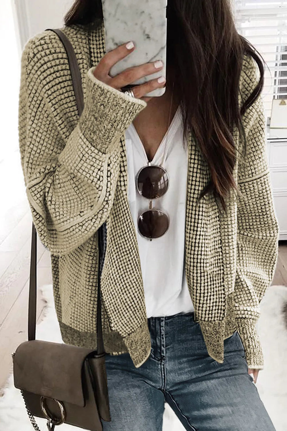 Apricot Plaid Contrast Trim Open Front Cardigan - Chic Meadow Boutique 