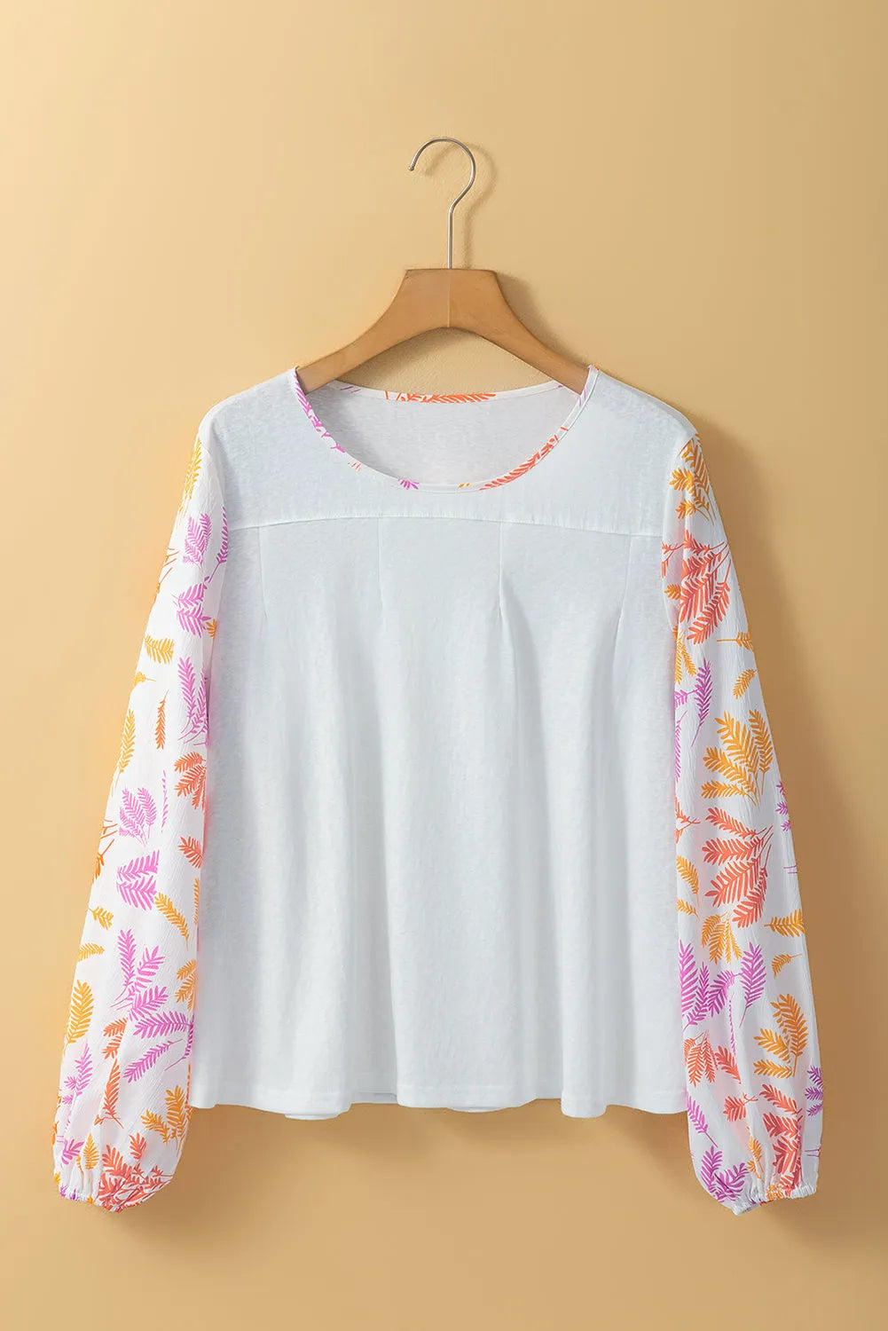 Tops/Blouses & Shirts White Tropical Leaf Printed Patchwork Sleeve Round Neck Top