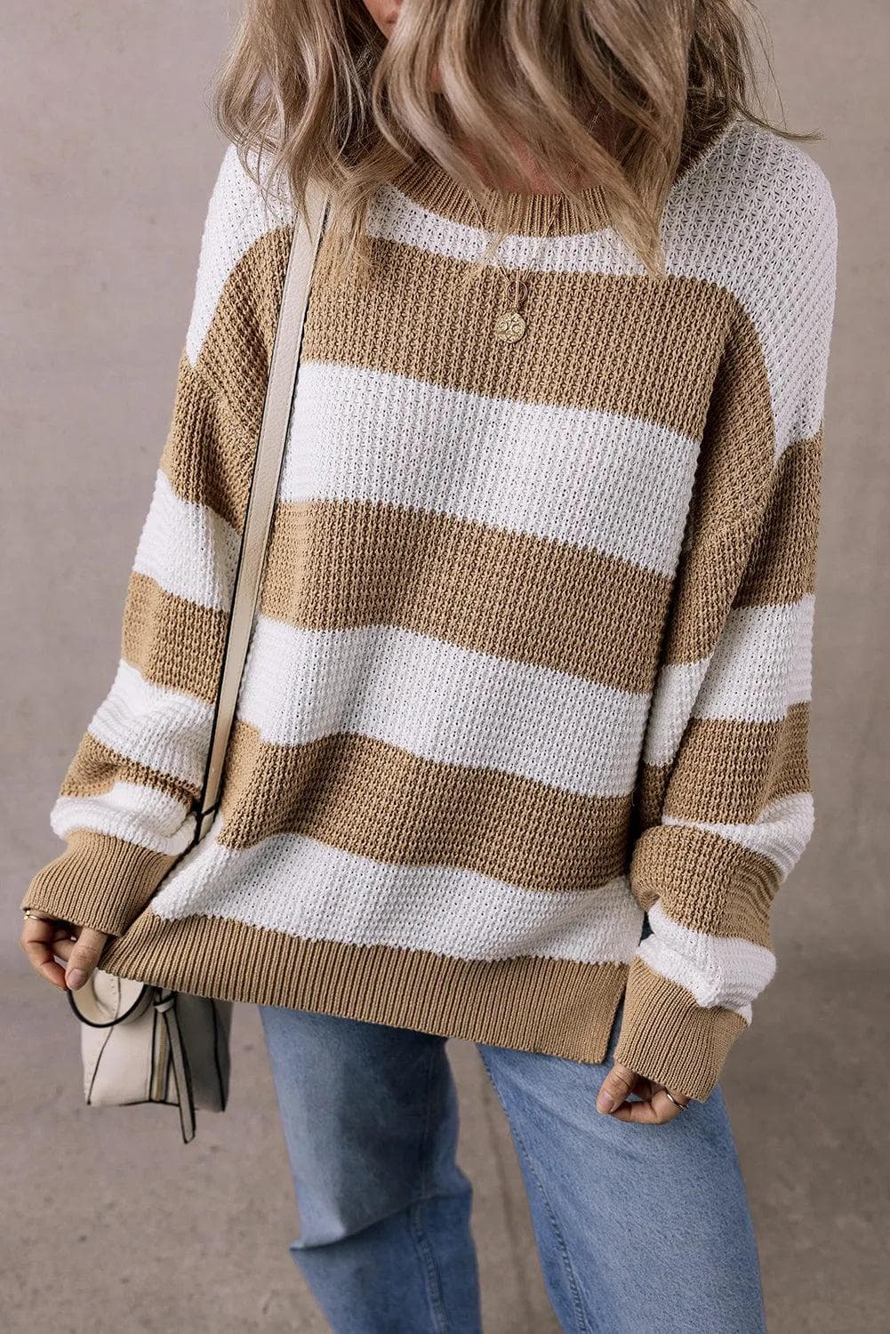 Sweaters & Cardigans/Sweaters Light French Beige / S / 55%Acrylic+45%Cotton Light French Beige Colorblock Striped Drop Shoulder Side Slit Sweater