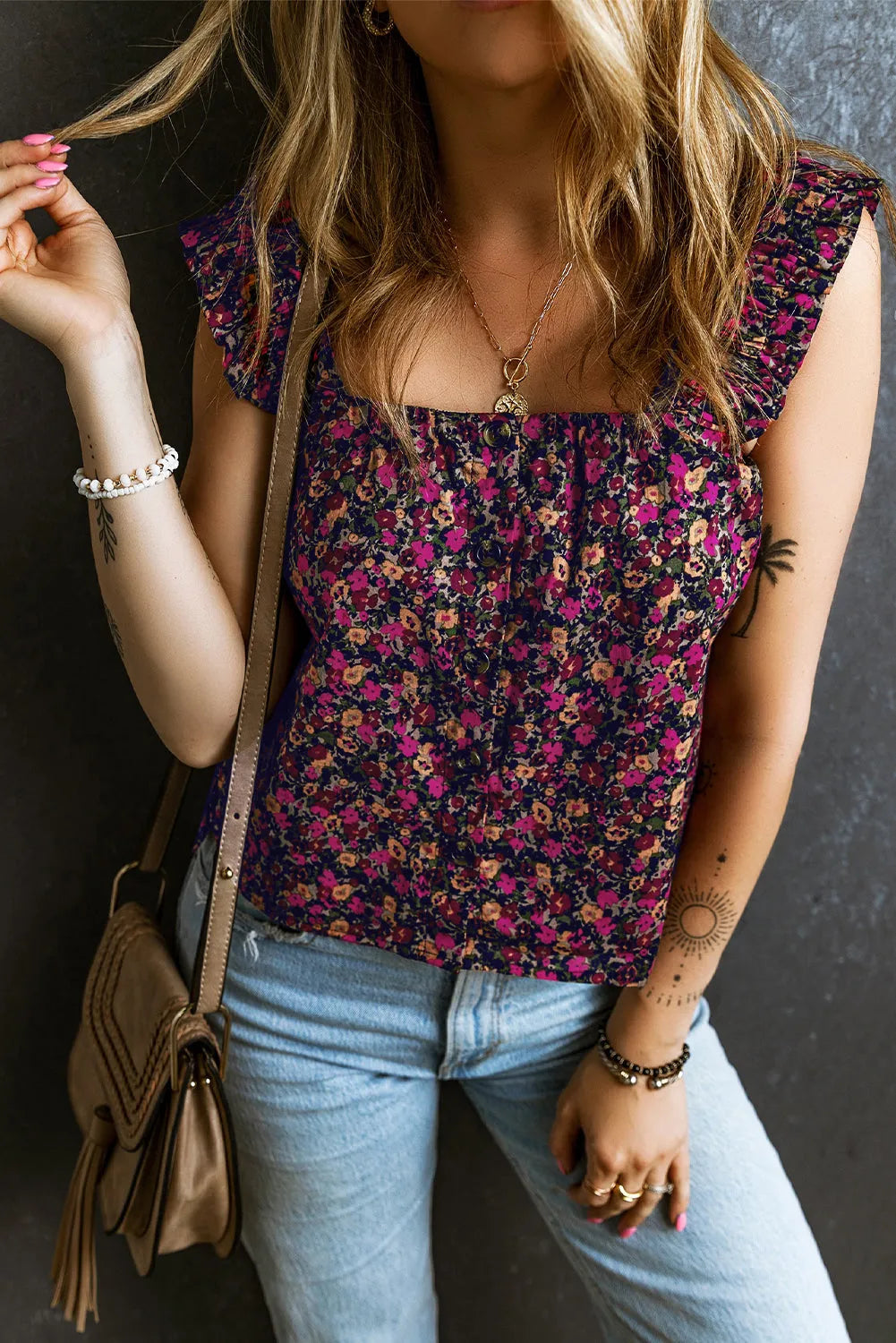 Rose Boho Frilled Straps Floral Tank Top - Chic Meadow Boutique 