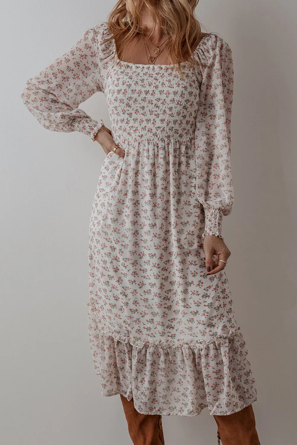 White Floral Print Shirred Ruffled Hem Square Neck Midi Dress - Chic Meadow Boutique 