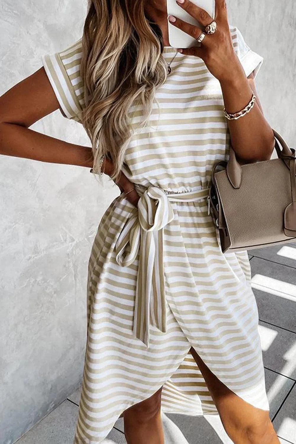 Dresses/T Shirt Dresses Khaki / S / 50%Polyester+50%Cotton Khaki Stripe Short Sleeve Belted Wrapped Hemline T-Shirt Dress