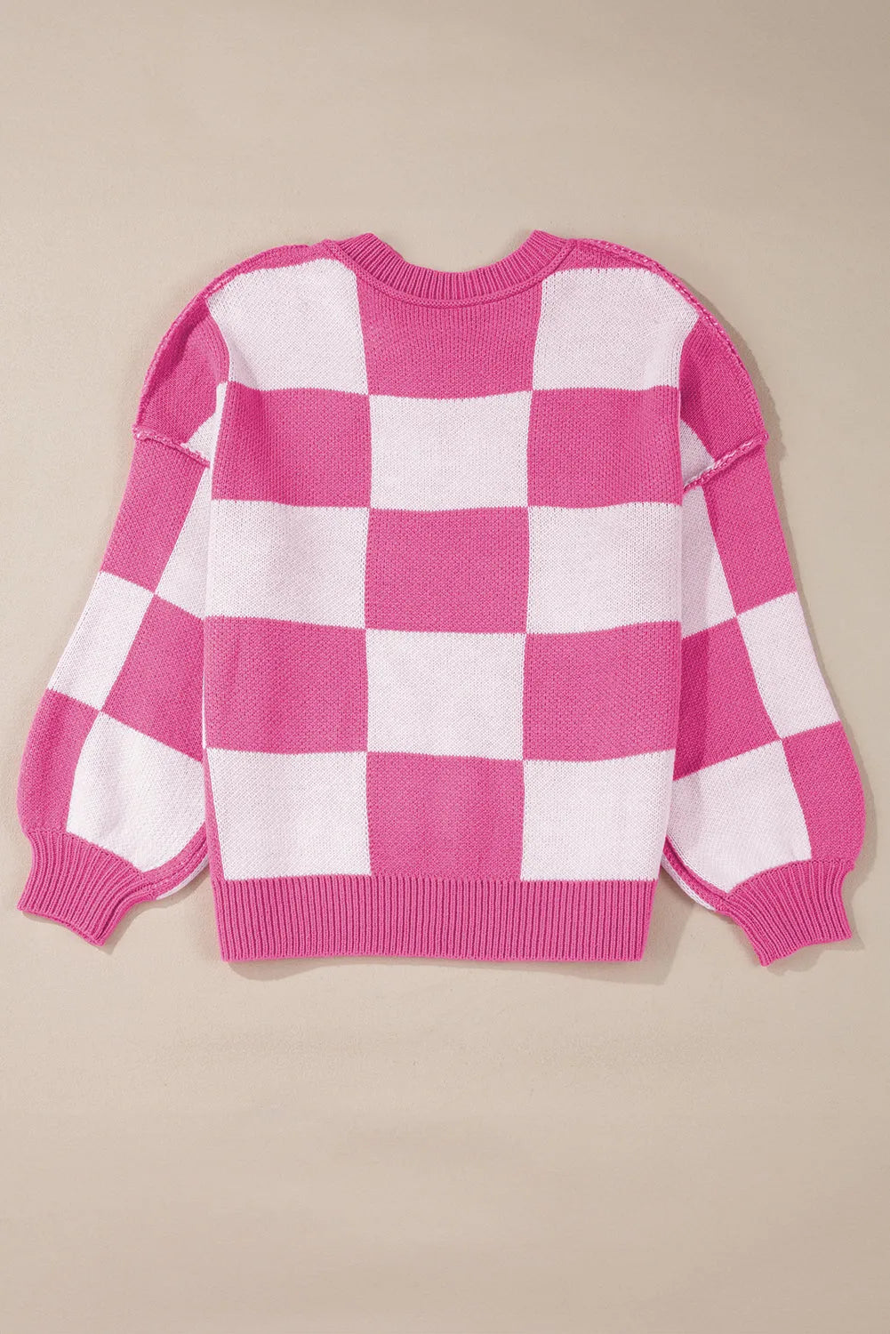 Rose Stripe Checkered Bishop Sleeve Sweater - Chic Meadow Boutique 