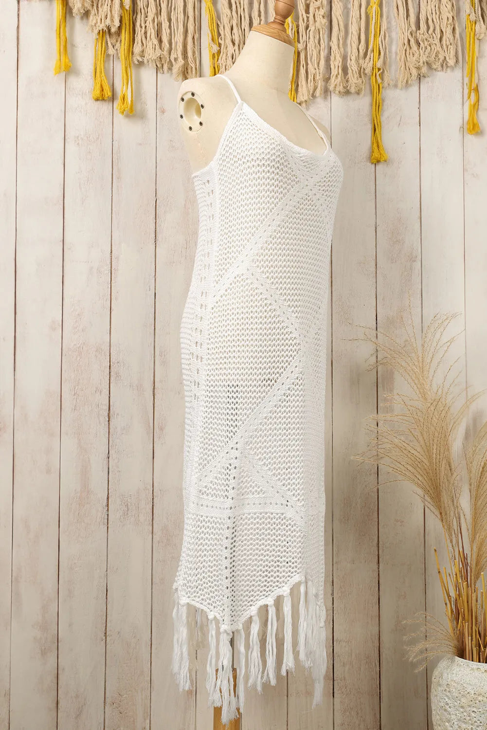 White Crisscross Knot Back Hollow Out Tasseled Beach Dress - Chic Meadow Boutique 