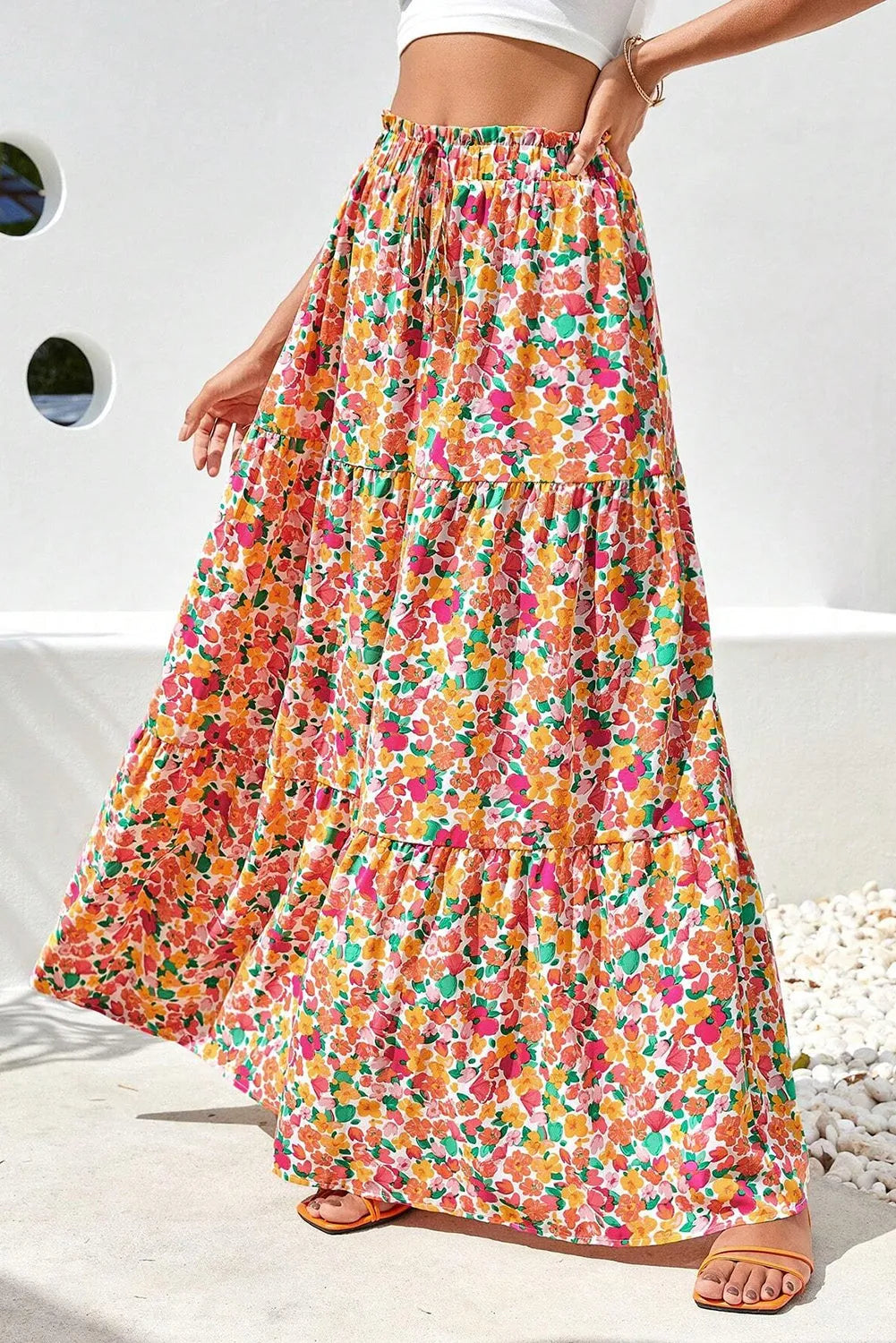 Yellow Boho Floral Print Tiered Long Skirt - Chic Meadow Boutique 