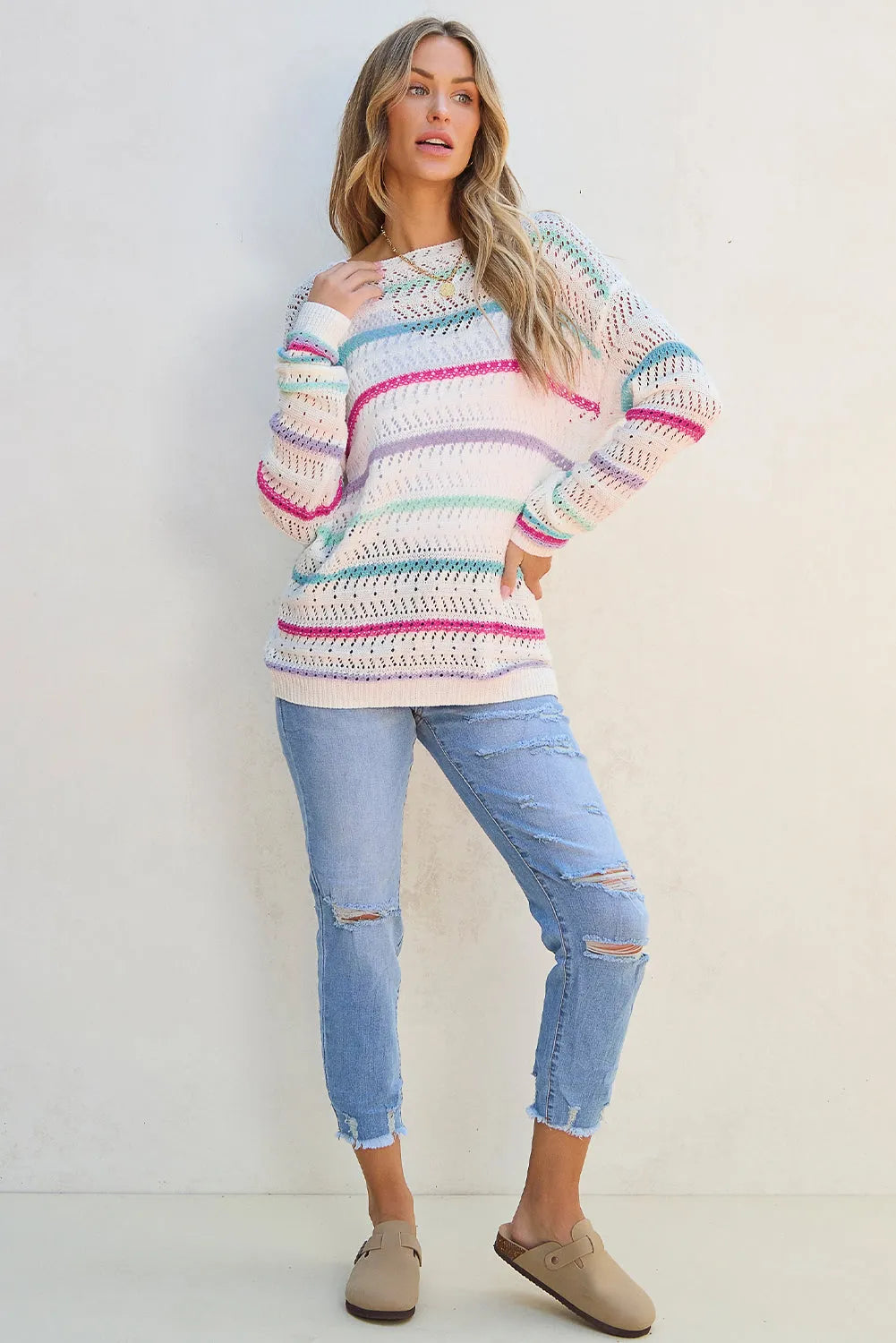 White Striped Hollowed Crochet Loose Fit Sweater - Chic Meadow Boutique 