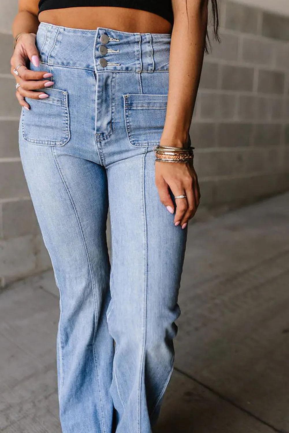 Bottoms/Jeans Light Blue Fly Button Exposed Seam Patched Pocket Flare Jeans