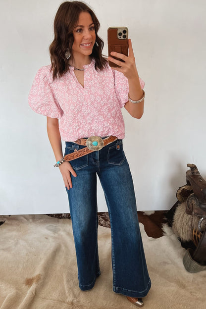 Apricot Pink Floral Textured Jacquard Puff Sleeve Blouse