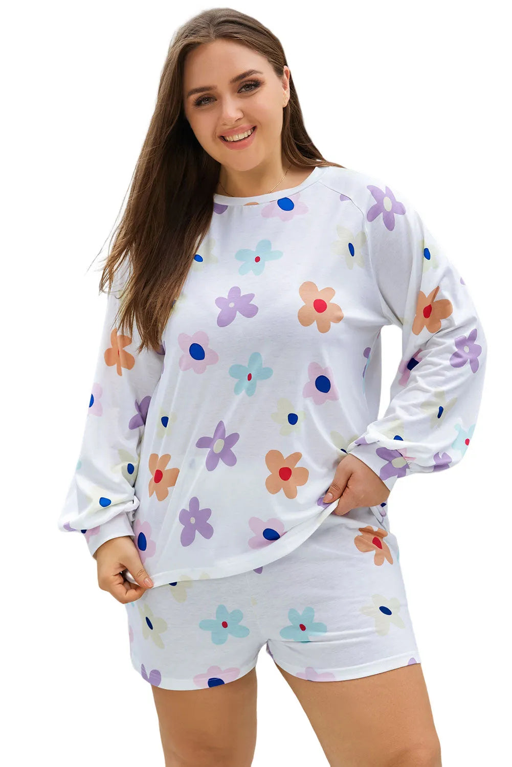 White Plus Size Flower Print Raglan Pullover and Shorts Outfit - Chic Meadow Boutique 