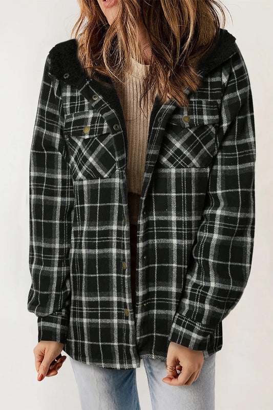 Black Plaid Pattern Sherpa Lined Hooded Shacket - Chic Meadow Boutique 